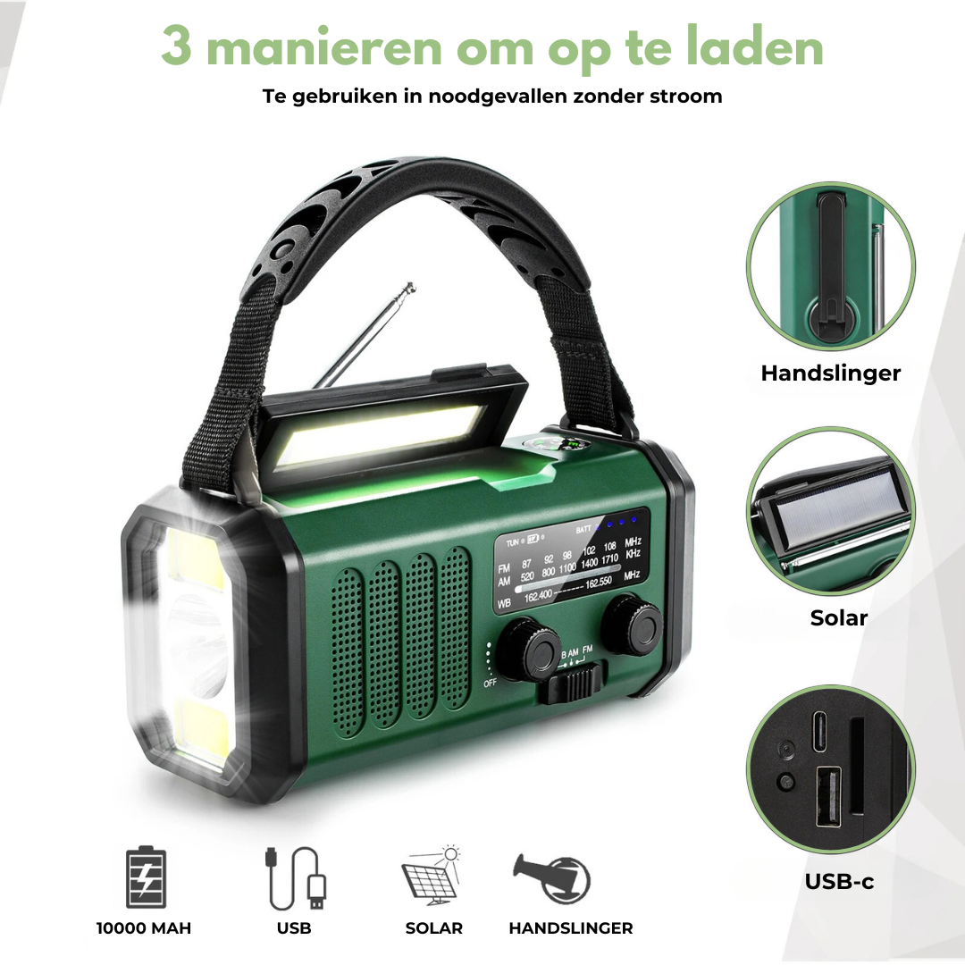 Woopker Emergency Radio E30 - 10000mAh Zonne- en Hand Crank Radio met FM/AM/NOAA, LED Zaklamp & Powerbank
