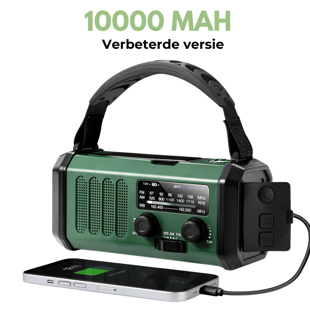 Woopker Emergency Radio E30 - 10000mAh Zonne- en Hand Crank Radio met FM/AM/NOAA, LED Zaklamp & Powerbank