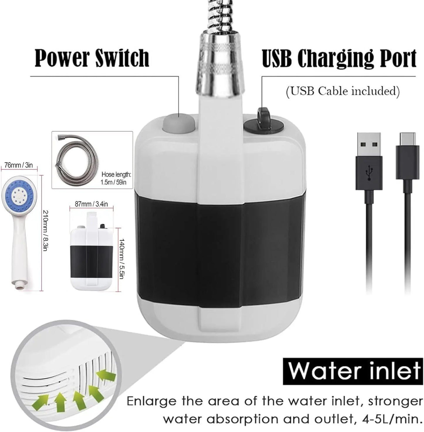 Draagbare Campingdouche - USB Oplaadbare Buiten Douche Pomp voor Kamperen, Hondenwassen, Tuinieren en Auto Reiniging