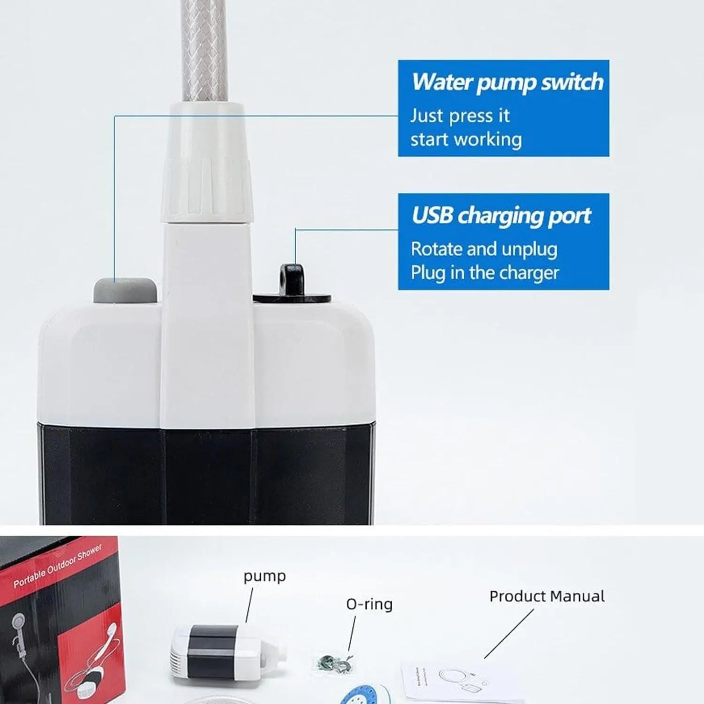 Draagbare Campingdouche - USB Oplaadbare Buiten Douche Pomp voor Kamperen, Hondenwassen, Tuinieren en Auto Reiniging