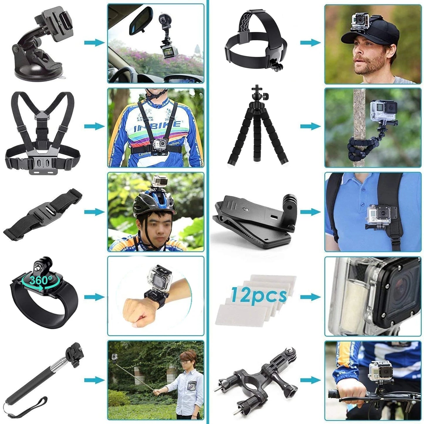 Zubehör-Set für Action-Kameras – geeignet für GoPro Hero 12/11/10, Xiaomi Yi, Insta360 X3/X4 – inklusive Gehäuse, Halterungen und Selfie-Stick