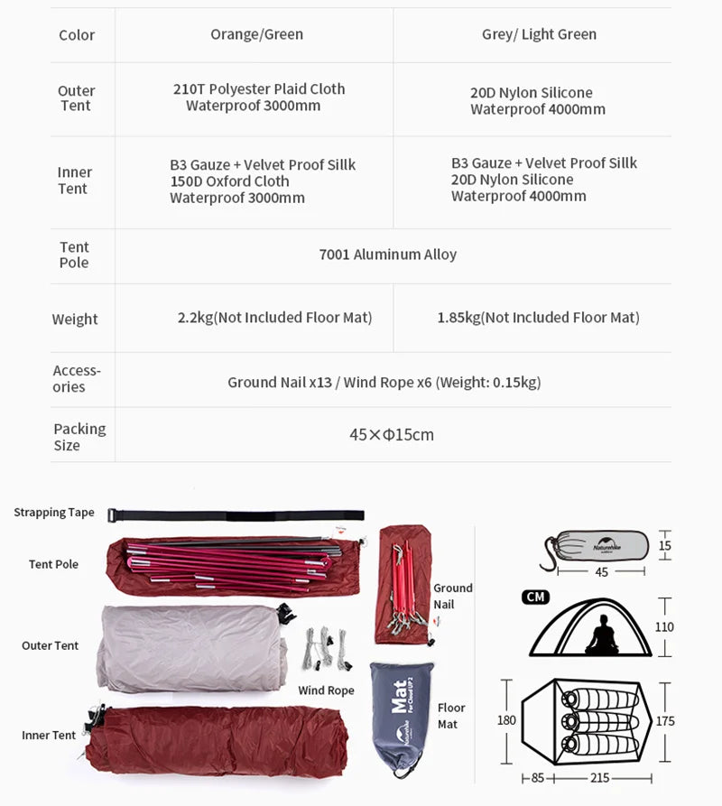 CloudUp 3-Persoons Ultralight Camping Tent – 20D Silicone, Dubbele Laag & Aluminium Frame