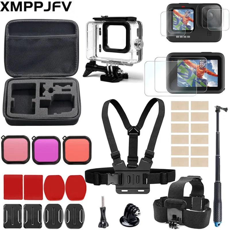 Accessoires Kit voor GoPro Hero 12/11/10/9 - Inclusief Waterdichte Behuizing, Draagtas, Statief & Mounts
