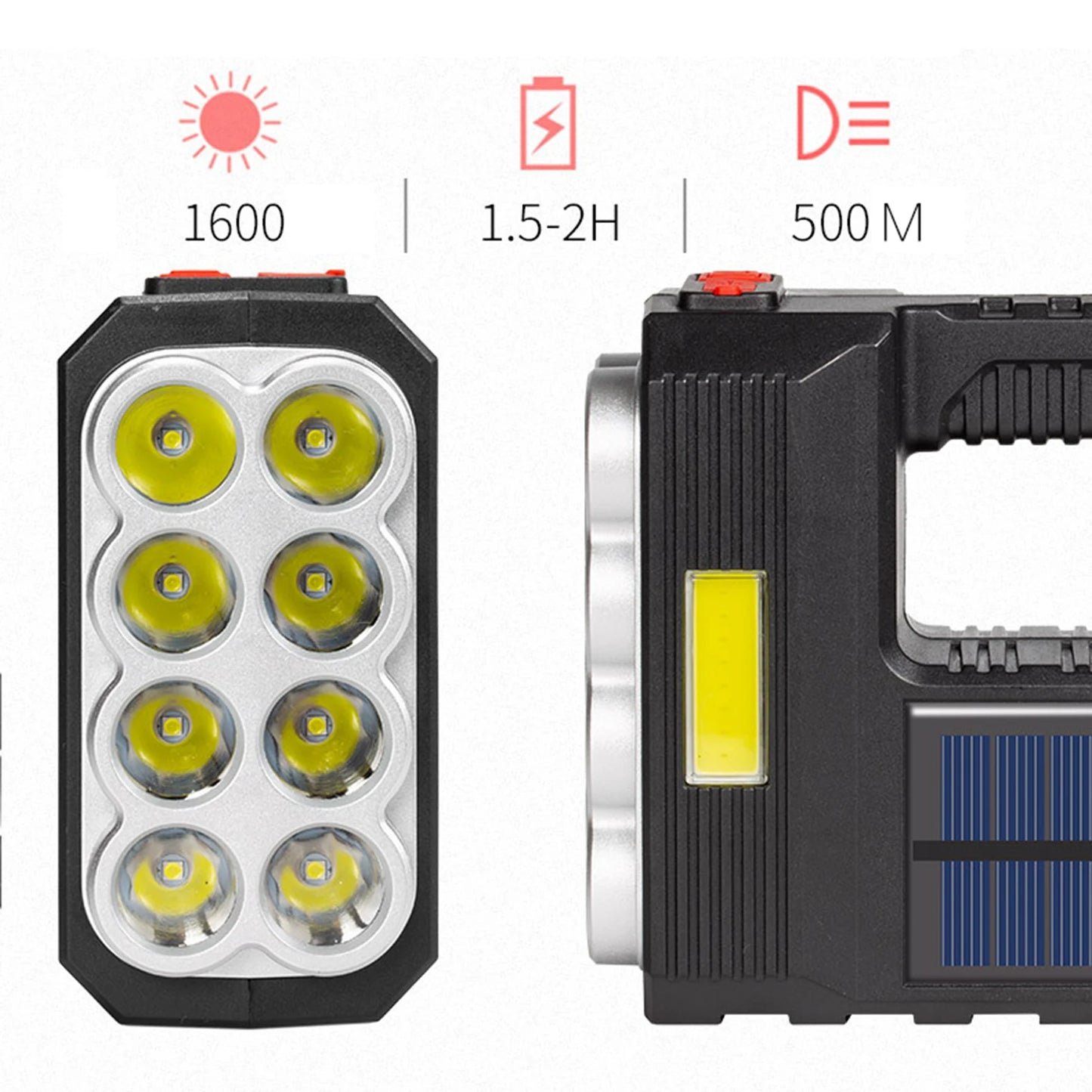Krachtige LED Handheld Zaklamp | USB & Zonne-oplaadbaar | 8-Lens Spotlight