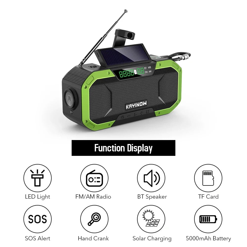 Notfallradio mit Solarpanel und Handkurbel – 5000 mAh Powerbank, Taschenlampe, wasserdicht, Survival-Radio für Camping