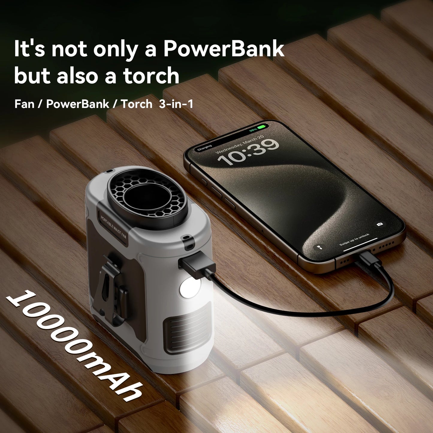 Tragbarer 20000mAh-Ventilator – Starker Wind, Hüft- und Nackenventilator mit Powerbank und LED