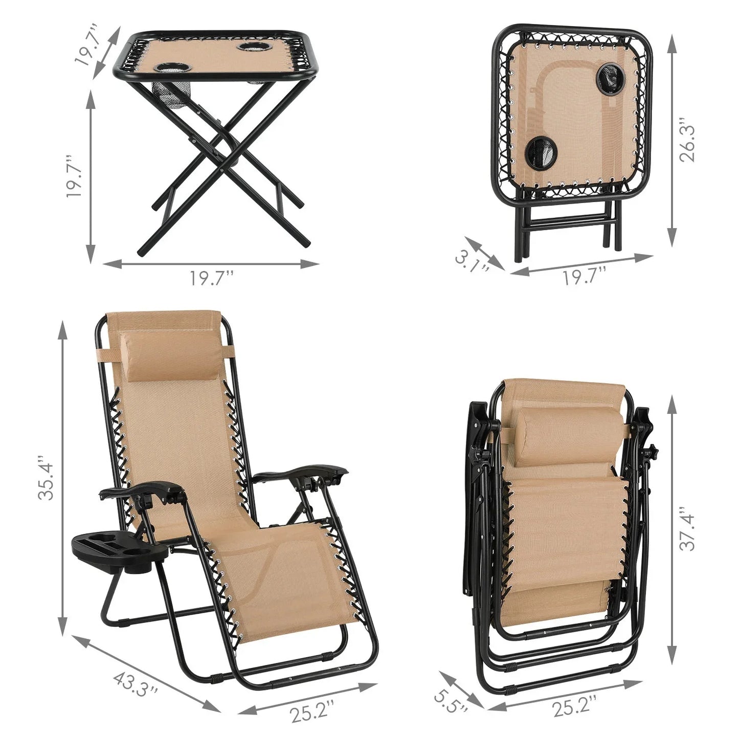 Set van 2 Luxe Ligstoelen | Zero Gravity Tuinstoelen met Tafel & Cuphouder