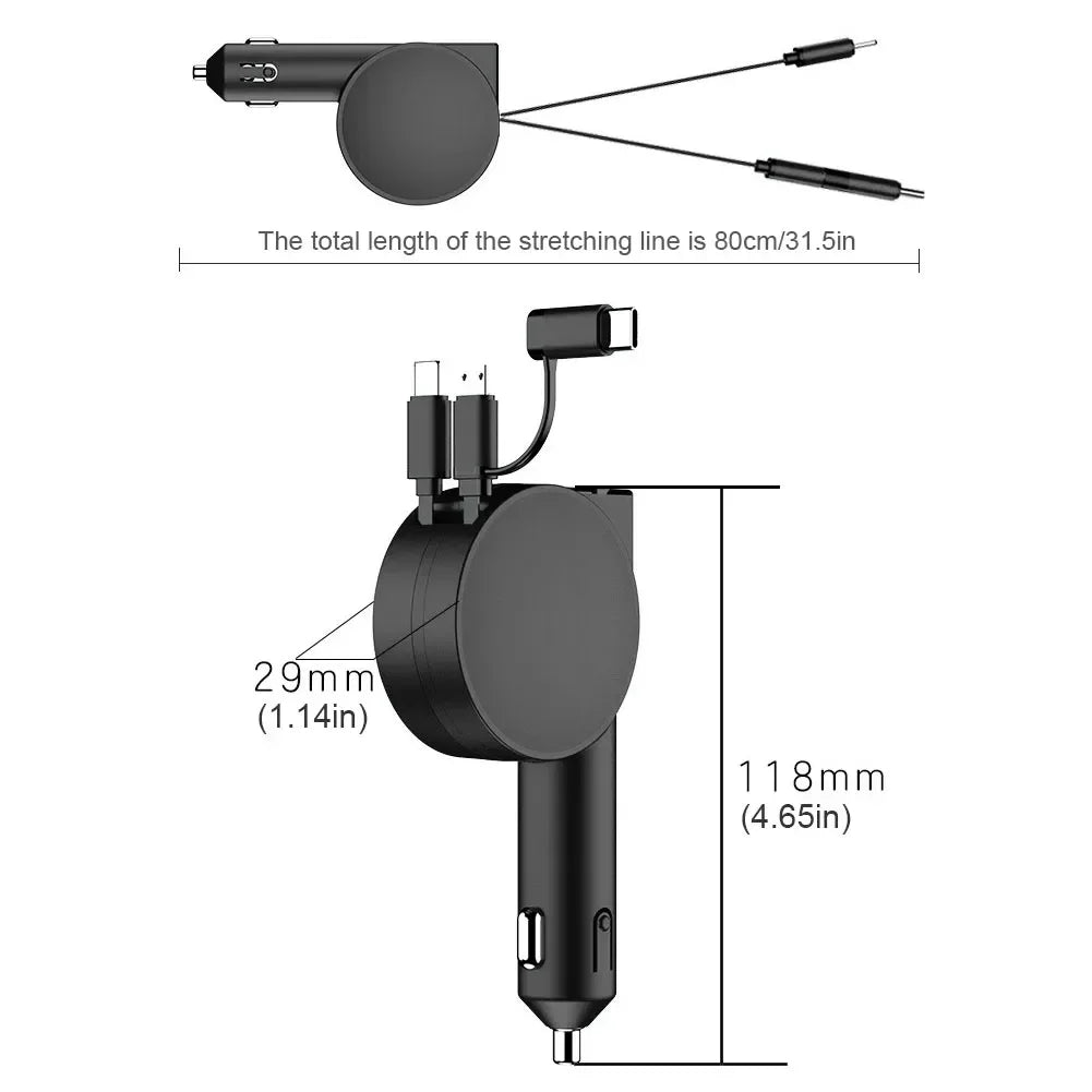 120W 4-in-1 Intrekbare Autolader – USB Type-C Kabel voor iPhone, Xiaomi, Huawei, Samsung Snelladen Sigarettenaanstekeradapter