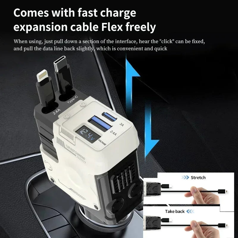4-in-1 Oplader – Intrekbare Sigarettenaanstekeradapter met USB Type-C en Snelladen