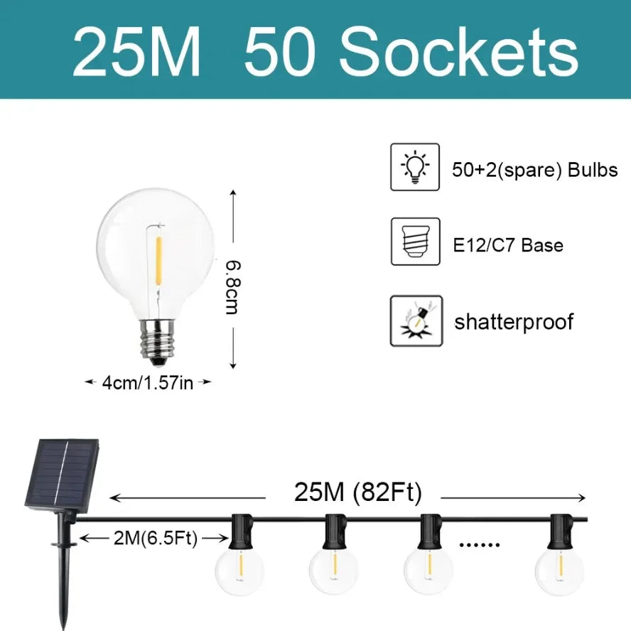 G40 Solar LED String Lights – Weerbestendige Festoonverlichting voor Tuin, Feest & Bruiloften