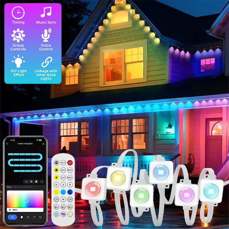 100FT 60 LED RGB Eaves String Lights - Waterdichte Permanent Outdoor Verlichting met App- en Spraakbediening