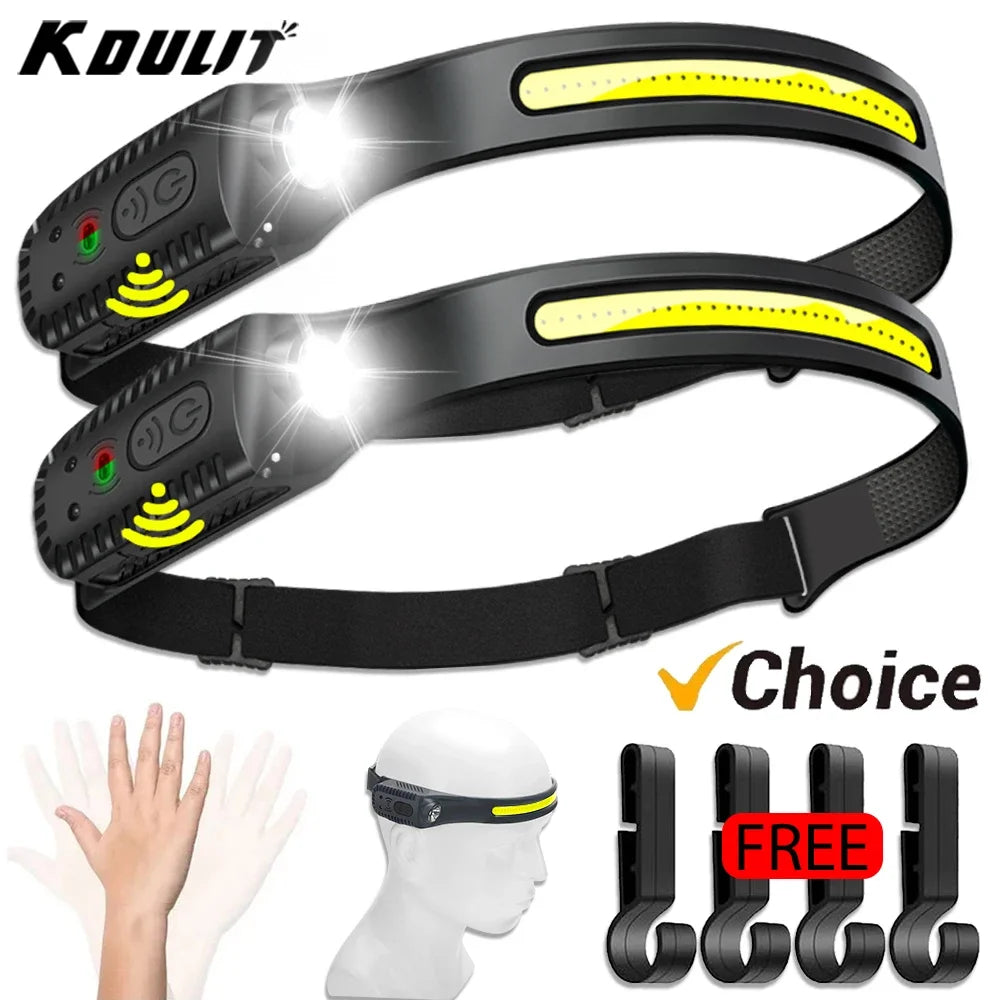 USB-aufladbare LED-Sensor-Stirnlampe – XPE+COB-Stirnlampe mit Bewegungssensor für Camping, Angeln und Outdoor-Aktivitäten