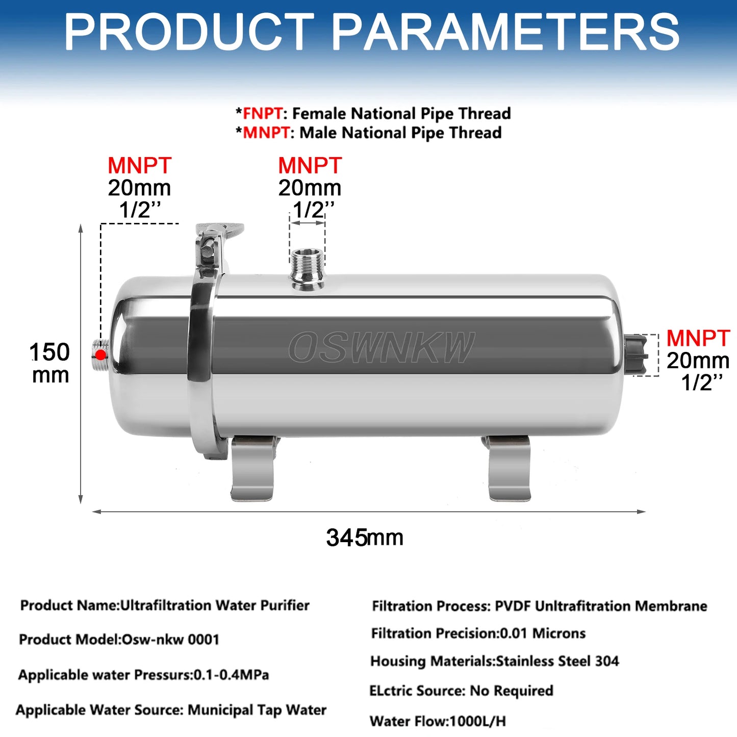 Whole House Water Purifier, 0.01um PVDF Pre-Filter, 1000L/H SUS304 Waterfilter, Continu Reinigbaar voor 5 Jaar