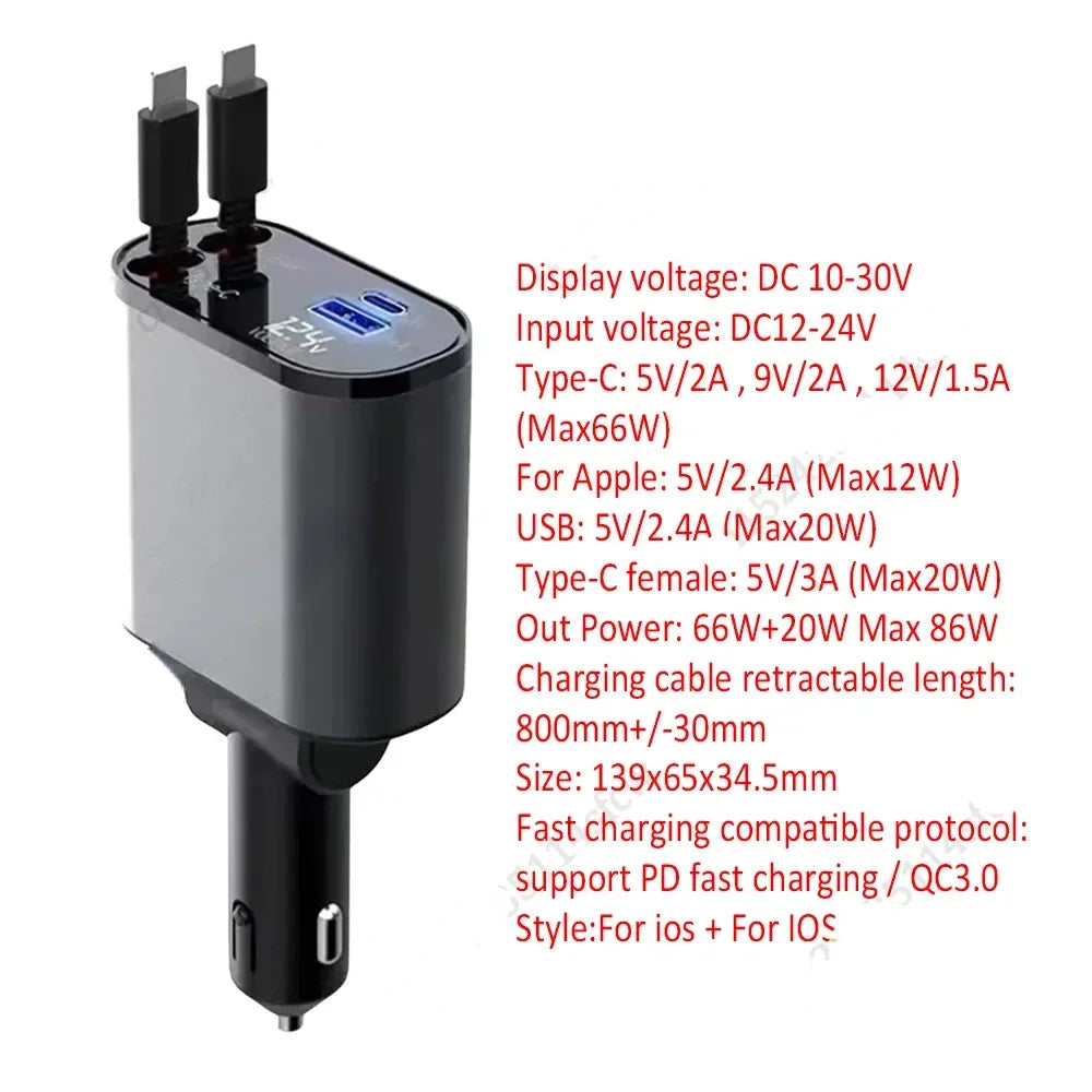 120W 4-in-1 Intrekbare Autolader – USB Type-C Kabel voor iPhone, Xiaomi, Huawei, Samsung Snelladen Sigarettenaanstekeradapter