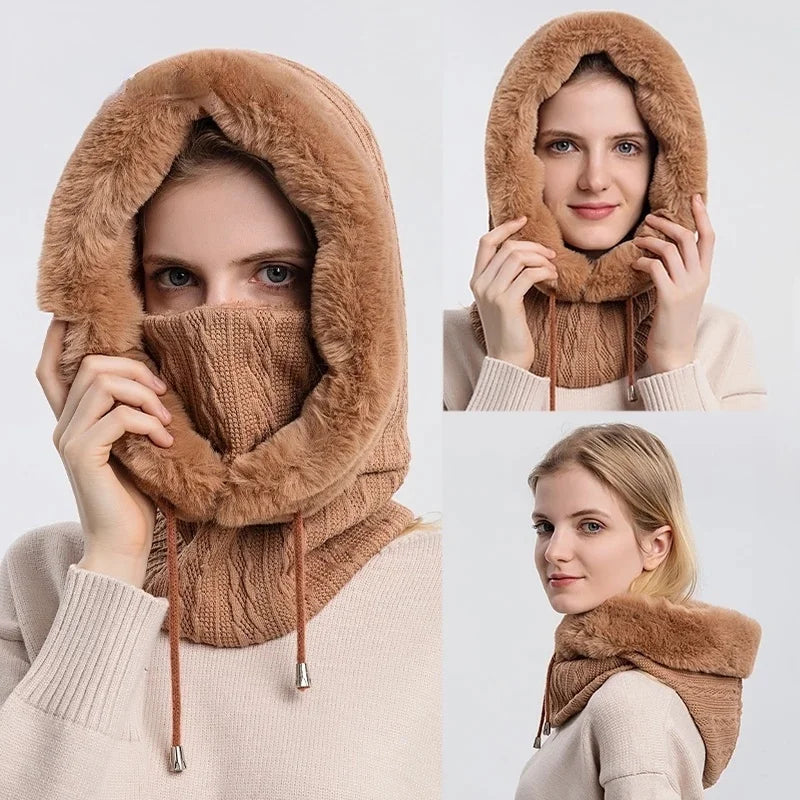 Winter-Pelzmützen-Set mit Gesichtsmaske – gestrickter Kaschmir-Halswärmer für Damen, Ski- und winddichte Outdoor-Mütze