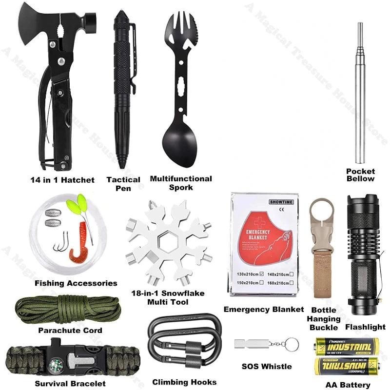Outdoor Multi-Tool Kit, Noodoverlevingskit met First Aid Supplies, Tactisch Camping Survival Gereedschap en Jachtuitrusting