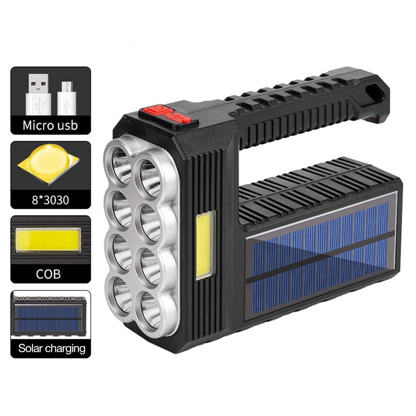 Krachtige LED Handheld Zaklamp | USB & Zonne-oplaadbaar | 8-Lens Spotlight