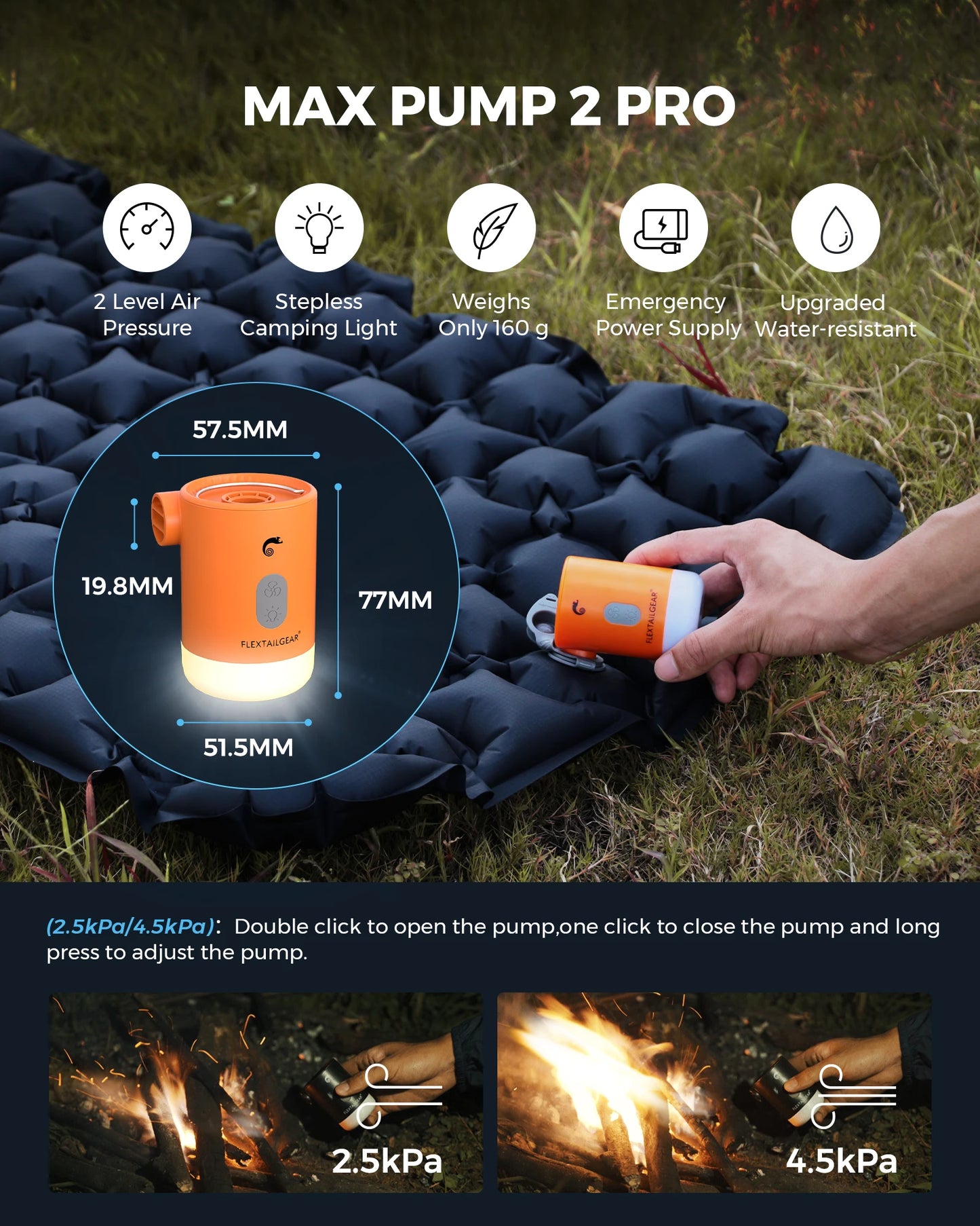 MAX PUMP 2 PRO | Draagbare Elektrische Luchtpomp met Campinglamp en Noodstroomvoorziening voor Outdoor