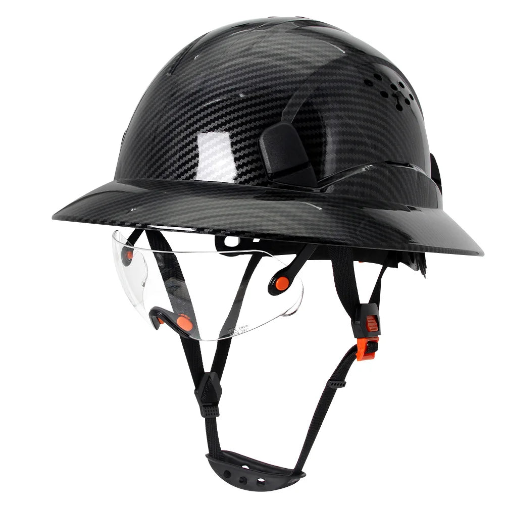 CE-Schutzhelm aus Kohlefaser – Schutzhelm mit voller Krempe, integrierter Schutzbrille und dreieckigem Gesichtsschutz