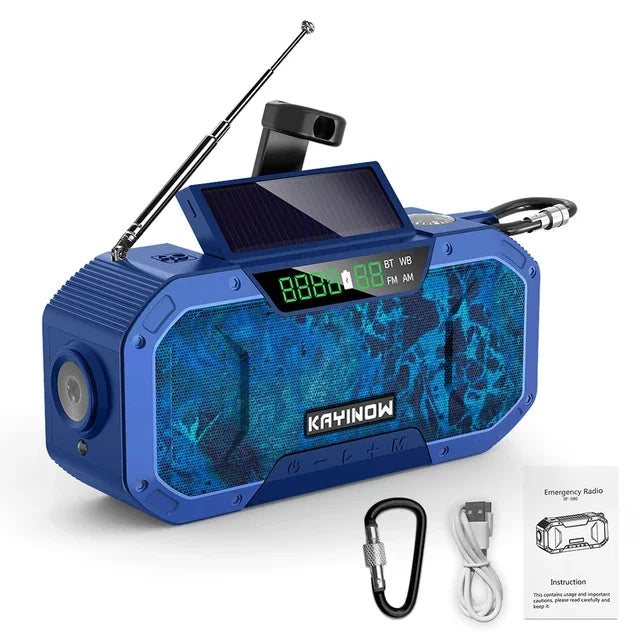 Notfallradio mit Solarpanel und Handkurbel – 5000 mAh Powerbank, Taschenlampe, wasserdicht, Survival-Radio für Camping