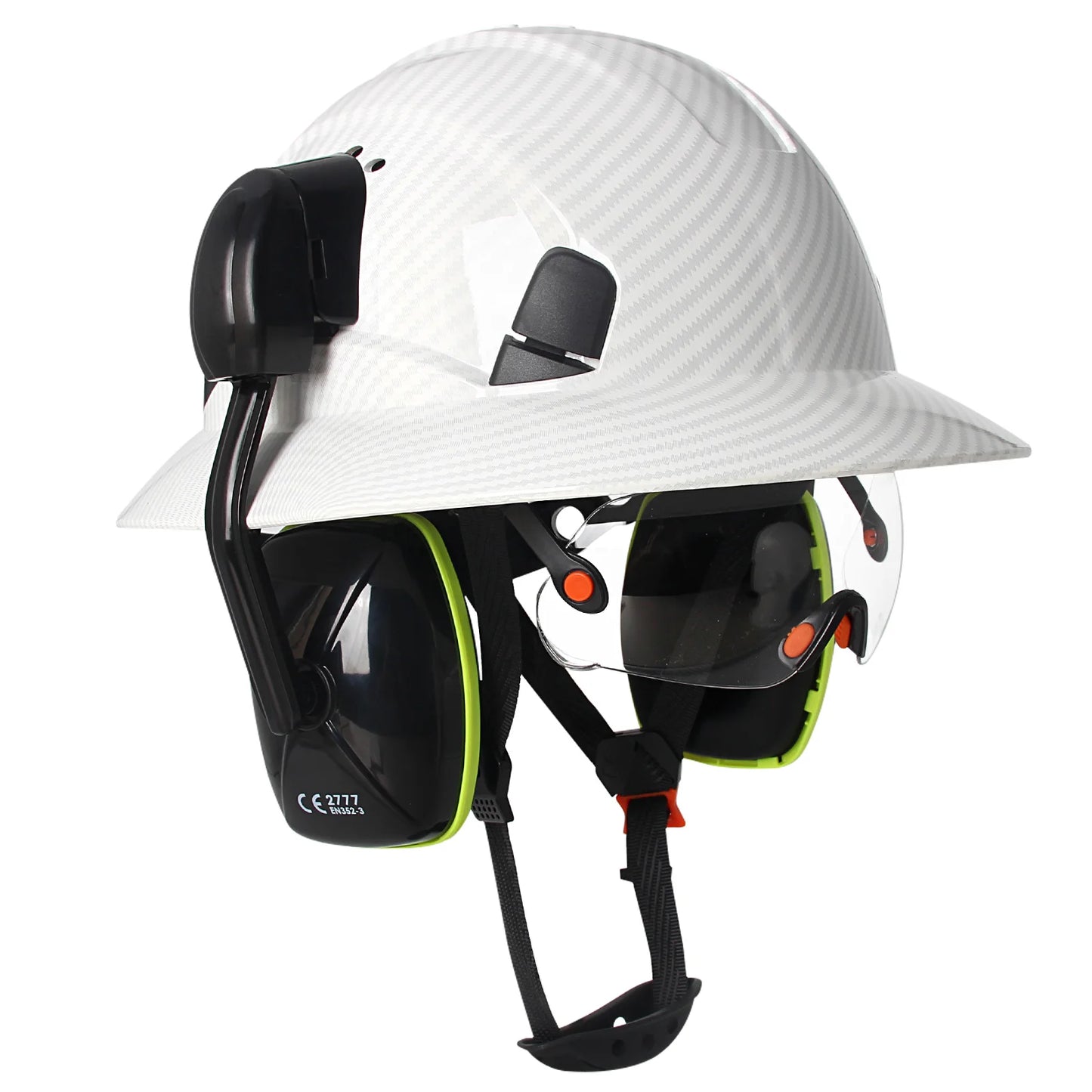 CE Full Brim Veiligheidshelm met Bril & Oorkappen – HDPE Bouwhelm met Zonrand voor Bouw, Olie & Industrie
