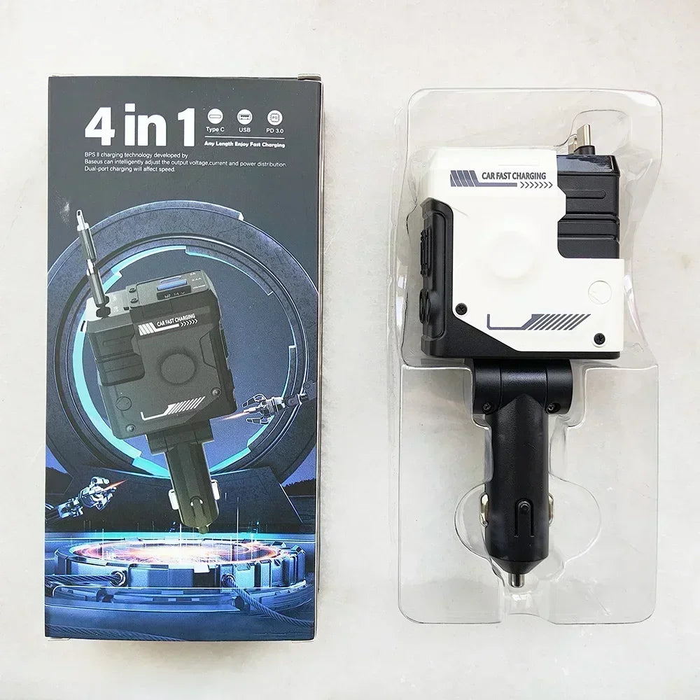 4-in-1 Oplader – Intrekbare Sigarettenaanstekeradapter met USB Type-C en Snelladen