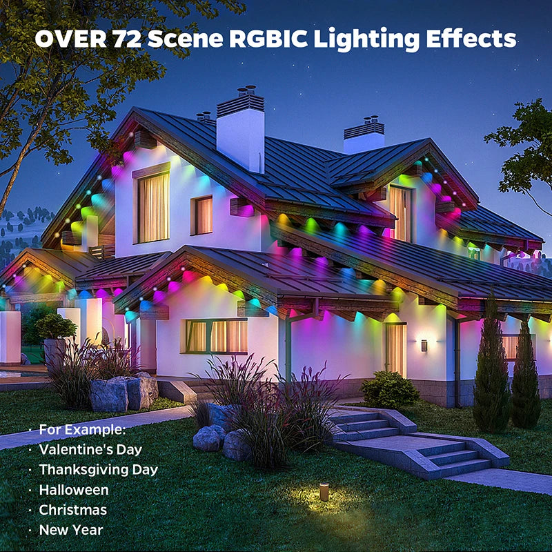 100FT 60 LED RGB Eaves String Lights - Waterdichte Permanent Outdoor Verlichting met App- en Spraakbediening