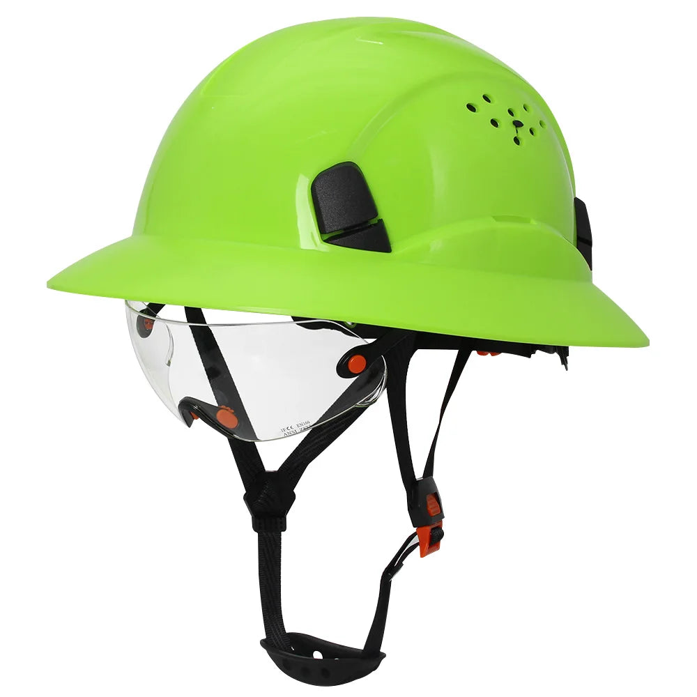 Full Brim CE Veiligheidshelm met Geïntegreerde Bril – Ademend Bouwhelm voor Industrie, Redding & Klimwerk