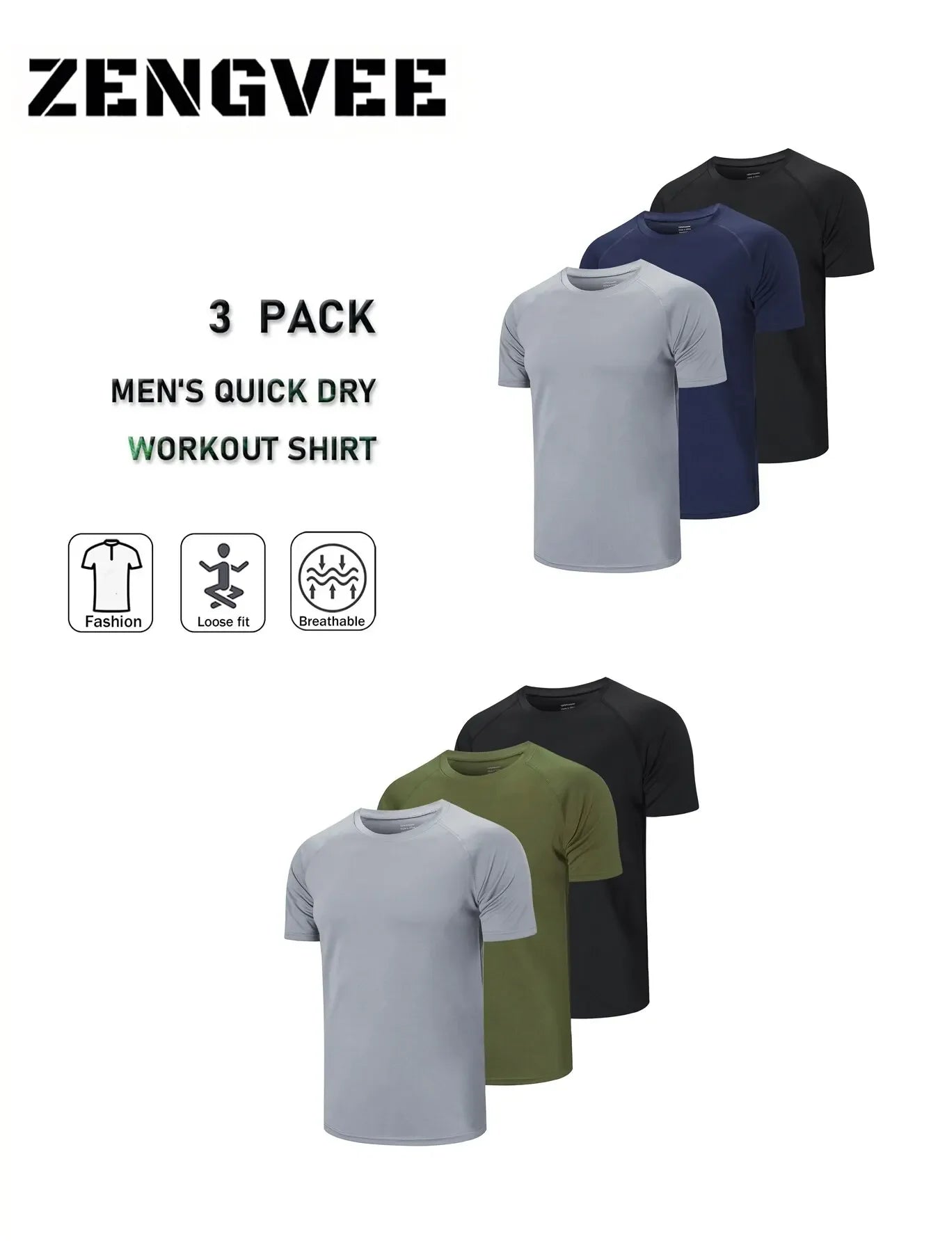 ZengVee 3-Pack Sport T-Shirts voor Heren – Ademend & Comfortabel