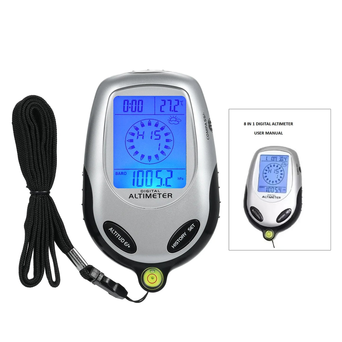 8-in-1 Elektronische Handheld Altimeter – Kompas, Barometer, Thermometer, Weerstation, Tijd & Kalender voor Bergbeklimmen