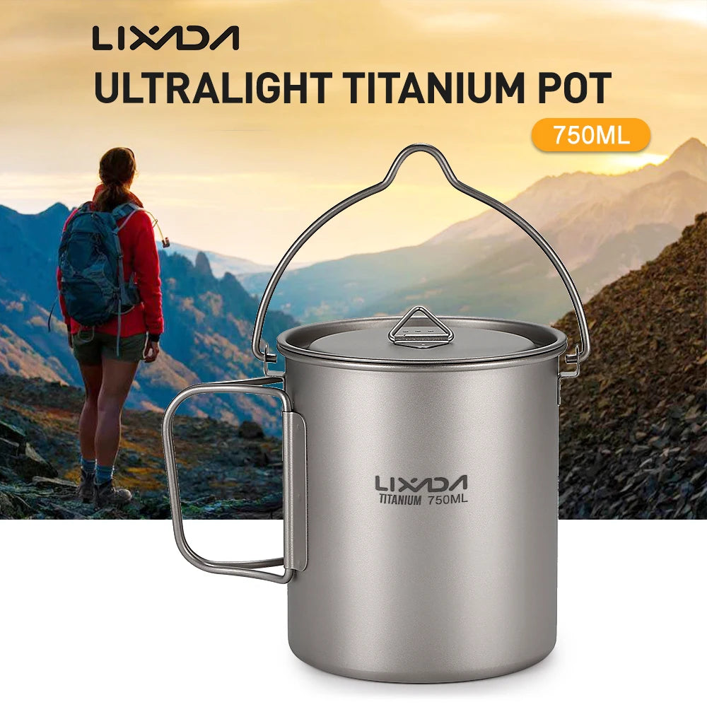 3-delige Titanium Kookset – 750ml Pot, 450ml Beker met Deksel en Opvouwbare Spork voor Outdoor Kamperen en Hiking
