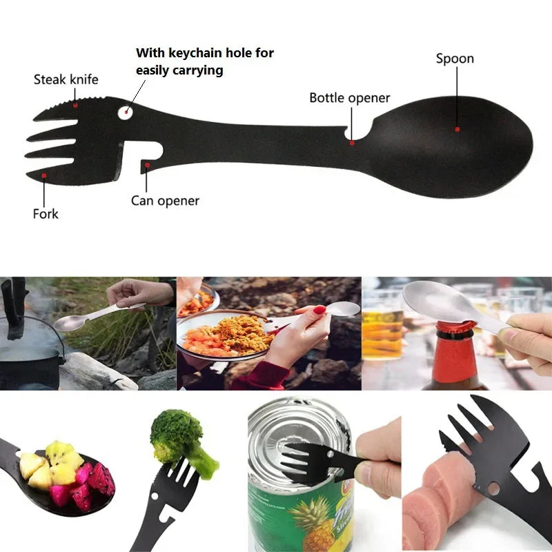 5-in-1 Outdoor-Survival-Tool – multifunktionales EDC-Campingbesteck – Löffel, Gabel, Messer, Flaschenöffner und Dosenöffner