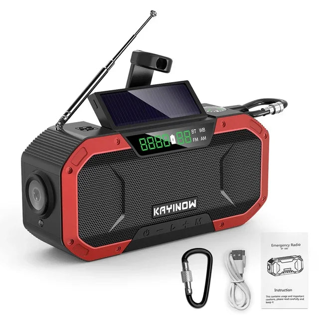 Notfallradio mit Solarpanel und Handkurbel – 5000 mAh Powerbank, Taschenlampe, wasserdicht, Survival-Radio für Camping