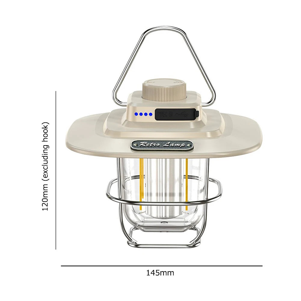 LED Retro Camping Lantaarn | Waterdicht | Type-C Oplaadbaar | Hanglamp met Haak & Batterij Indicator