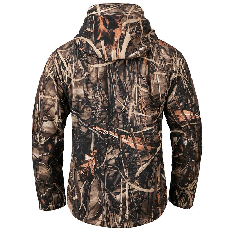 Taktische Tarnjacke für Herren – wasserdichte, warme Fleece-Softshell-Jacke mit Kapuze für Jagd, Wandern und Angeln