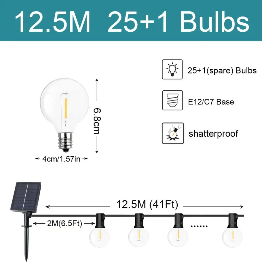 G40 Solar LED String Lights – Weerbestendige Festoonverlichting voor Tuin, Feest & Bruiloften