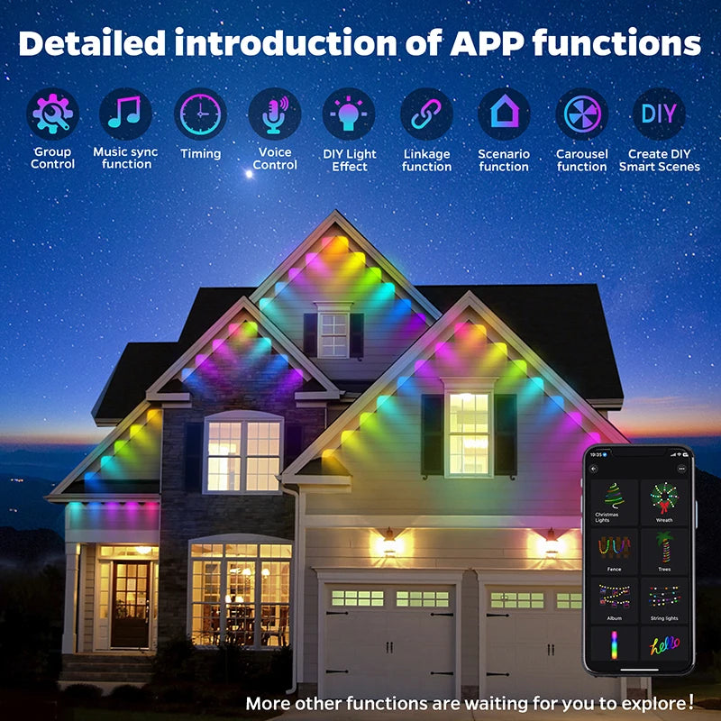 100FT 60 LED RGB Eaves String Lights - Waterdichte Permanent Outdoor Verlichting met App- en Spraakbediening
