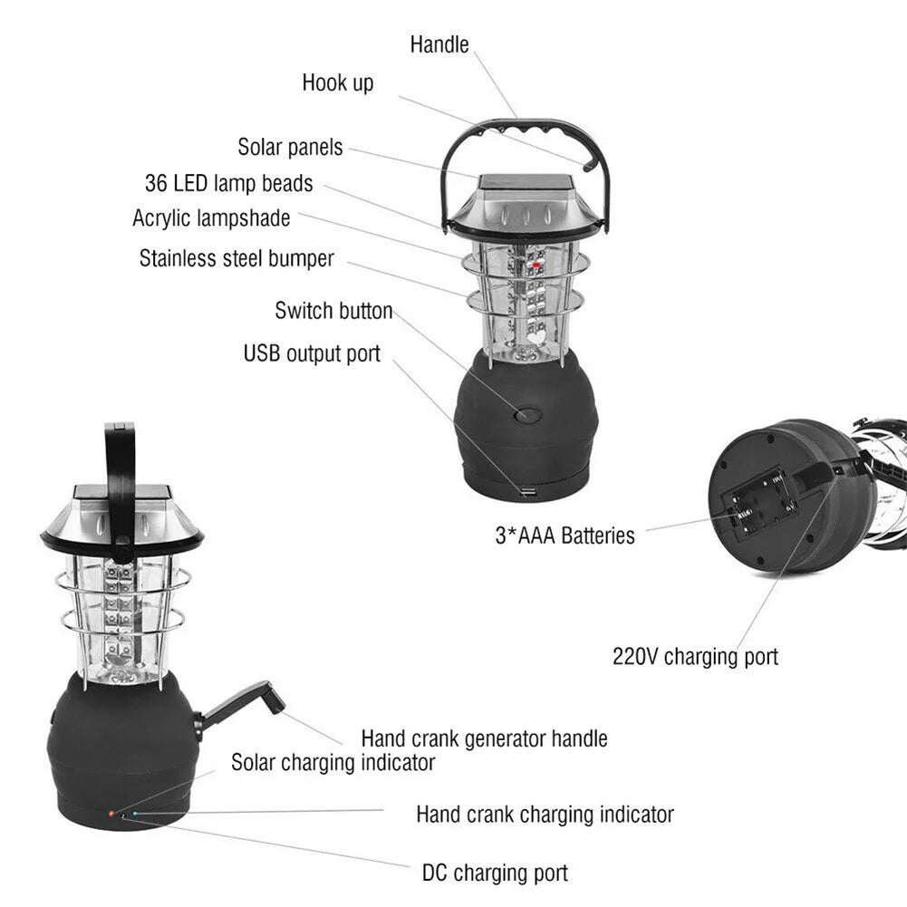 36LED Campinglamp - Multifunctionele Solar Noodverlichting met Handkruk, Zaklamp & Powerbank - Waterdicht & Compact
