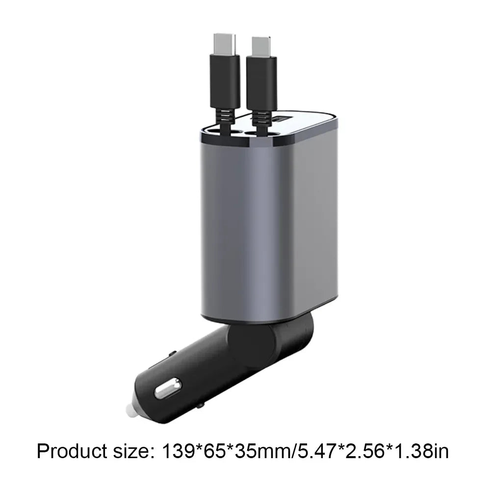 120W 4-in-1 Intrekbare Autolader – USB Type-C Kabel voor iPhone, Xiaomi, Huawei, Samsung Snelladen Sigarettenaanstekeradapter