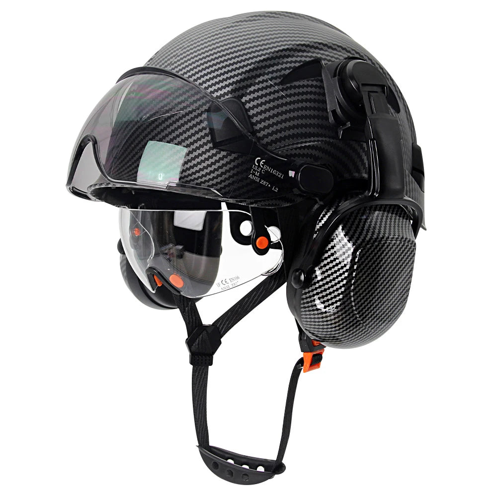 Carbon Fiber Safety Helmet with Visor, Double Goggles and Earmuffs - Industrial Hard Hat for Construction and Climbing