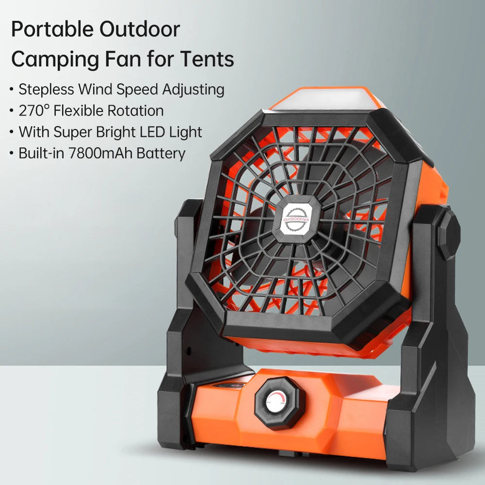 Oplaadbare Camping Ventilator – 7800mAh, 270° Draaibaar, LED Lamp, Stil & Draagbaar | Tafel- & Tentventilator voor Outdoor