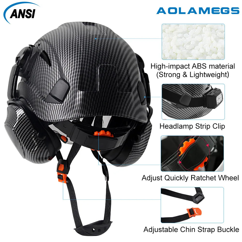 Carbon Fiber Safety Helmet with Visor, Double Goggles and Earmuffs - Industrial Hard Hat for Construction and Climbing