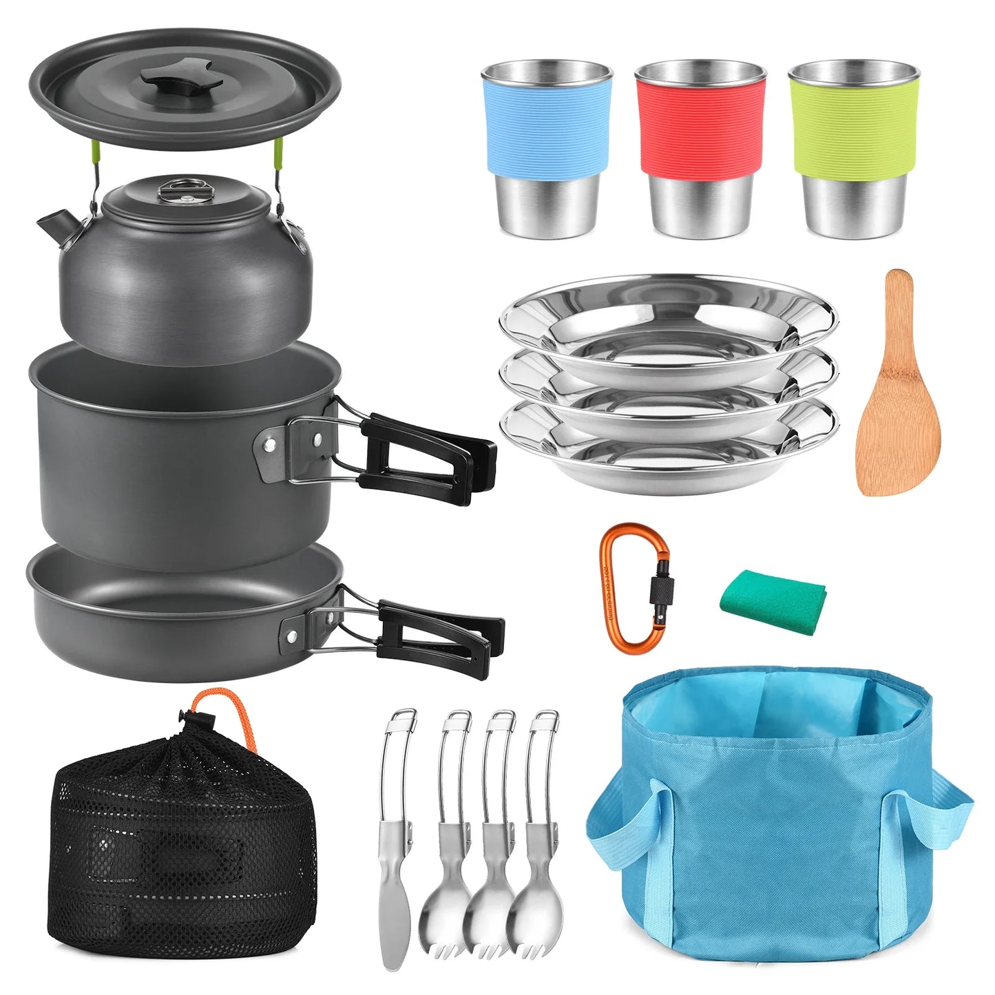 21-teiliges Camping Kochset – Leichtes Topf- und Pfannenset für Outdoor, Camping und Survival