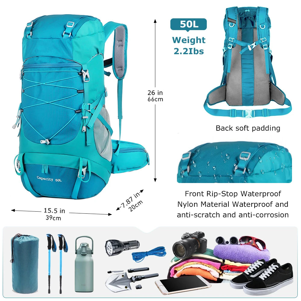 50L Wanderrucksack mit Regenhülle – multifunktionaler Bergsteigerrucksack für Outdoor-Reisen, Trekking und Camping