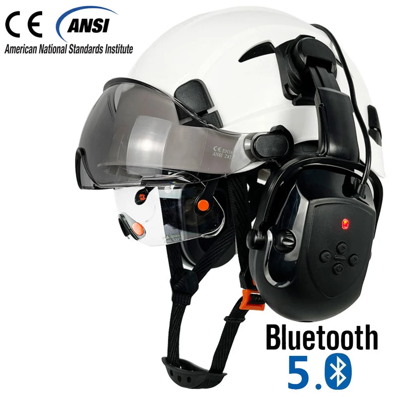 Bouw Veiligheidshelm met Bluetooth 5.0 – Geluidsdempende Oorkappen, Vizier & Zonbescherming, ABS Hardhat
