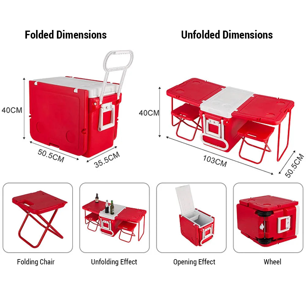 32L Draagbare Koelbox met Wielen – Inclusief Picknicktafel & 2 Opvouwbare Stoelen
