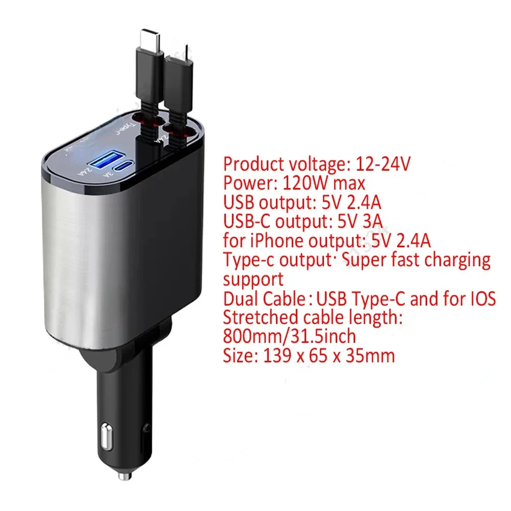 120W 4-in-1 Intrekbare Autolader – USB Type-C Kabel voor iPhone, Xiaomi, Huawei, Samsung Snelladen Sigarettenaanstekeradapter