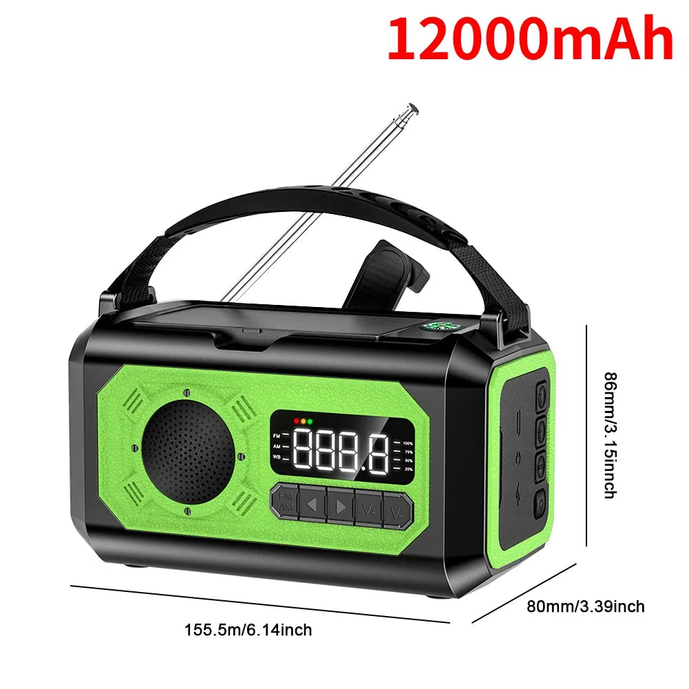 12000mAh Noodradio met Zonnepaneel & Crank – Draagbare AM/FM Radio, Powerbank & Zaklamp voor Outdoor Survival