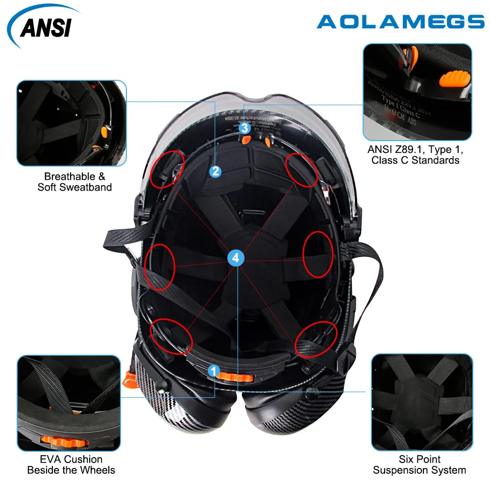 Carbon Fiber Safety Helmet with Visor, Double Goggles and Earmuffs - Industrial Hard Hat for Construction and Climbing