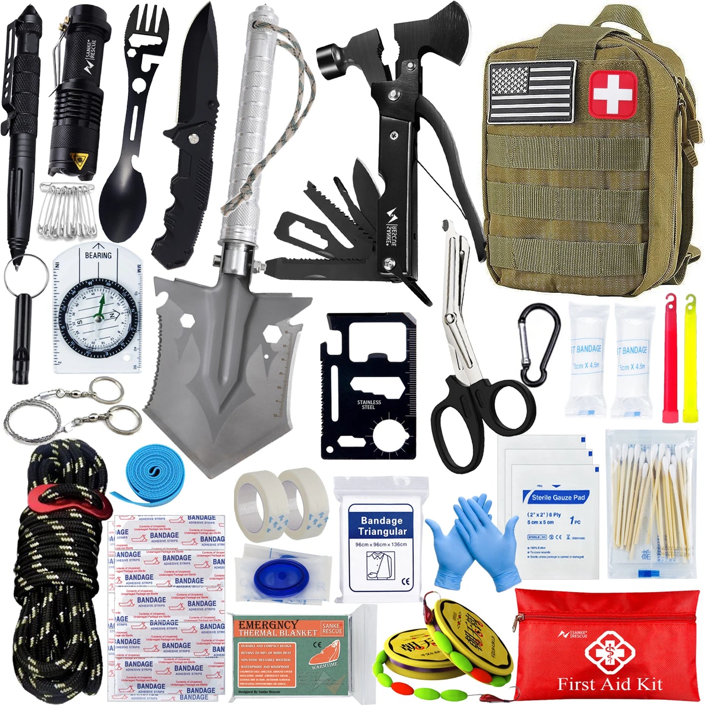 Professionelles Survival-Kit und Erste-Hilfe-Set – komplettes Survival-Paket mit Molle-Tasche für Camping und Outdoor